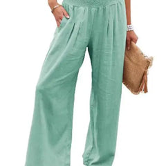 Women's casual pants with drawstring, mid waist, beach wide leg, spring and summer, European and American pants
