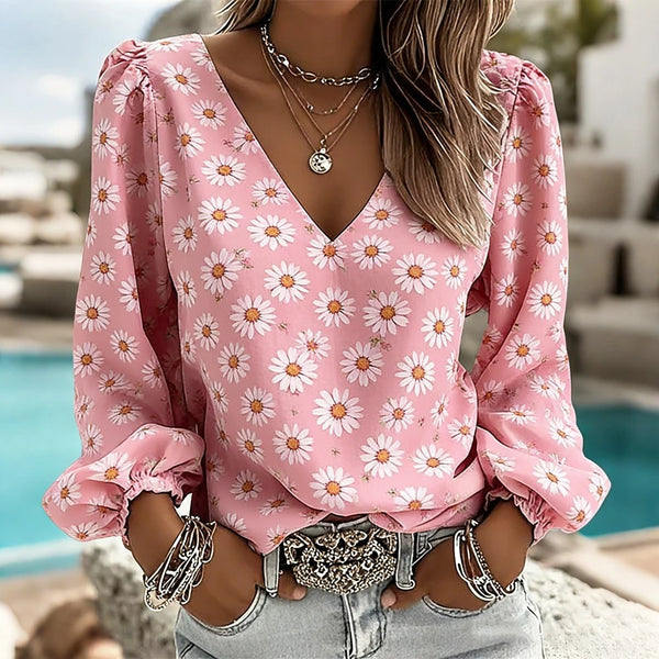Women's V Neck Puff Sleeve Blouse Chic Blue Hydrangea Floral Print Lightweight Flowy Casual Top Breathable Vacation Office Shirt