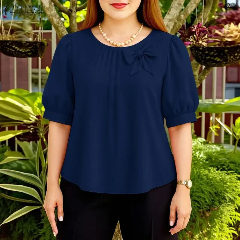 2026 Summer Blouse ZANZEA Women Elegant Office Work Shirts O Neck Short Sleeve Tops Casual Solid Shirt Bow Blusas Mujer Oversize