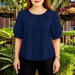 2026 Summer Blouse ZANZEA Women Elegant Office Work Shirts O Neck Short Sleeve Tops Casual Solid Shirt Bow Blusas Mujer Oversize