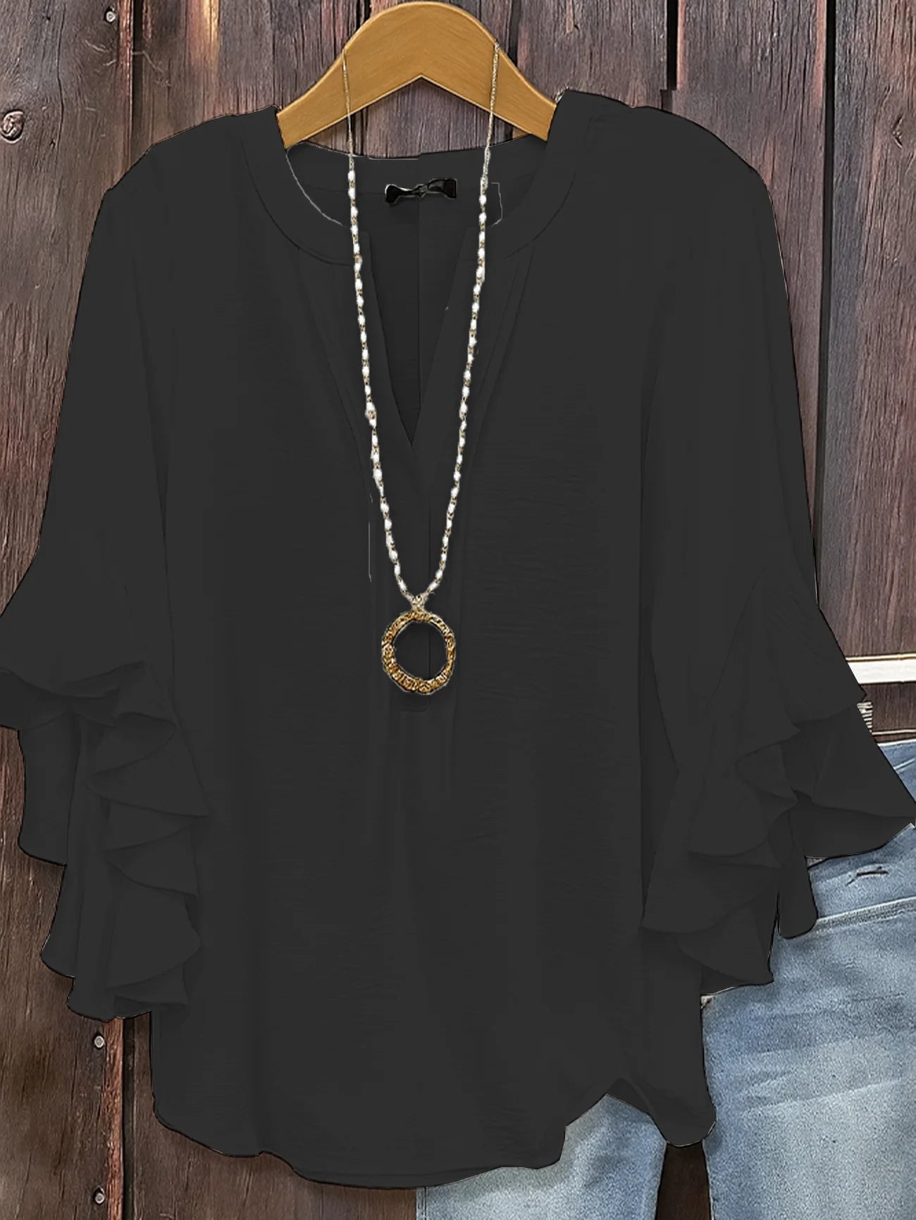 Women's Fashion Loose Chiffon Blouse V Neck Lotus Leafthree-quarters Sleeve Shirt Solid Color Business Casual Shirt Elegant Top