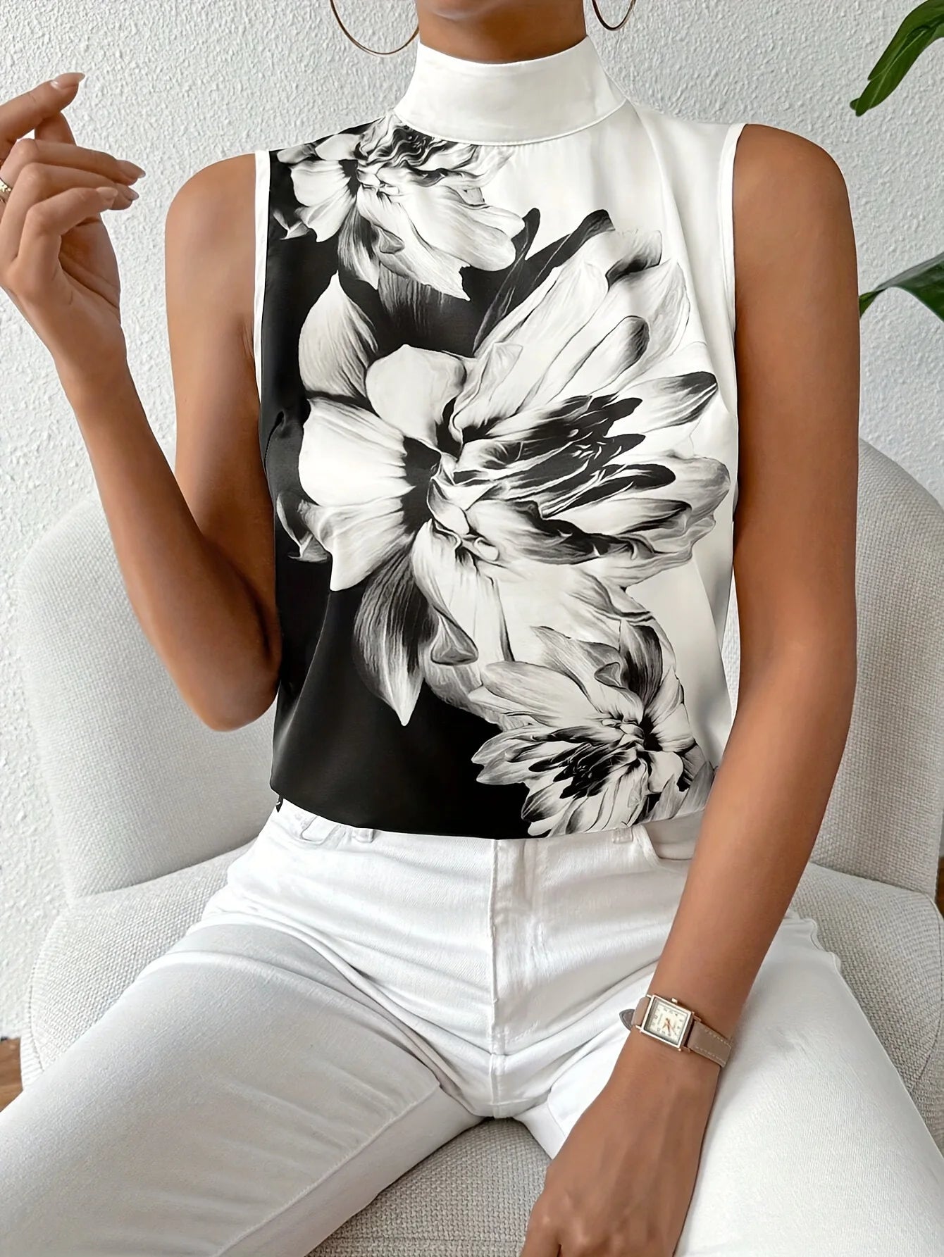 New In Elegant Blouses For Women 2025 Fashion Sleeveless Shirts Casual Flower Print Turtleneck Blouse Tops Camisas