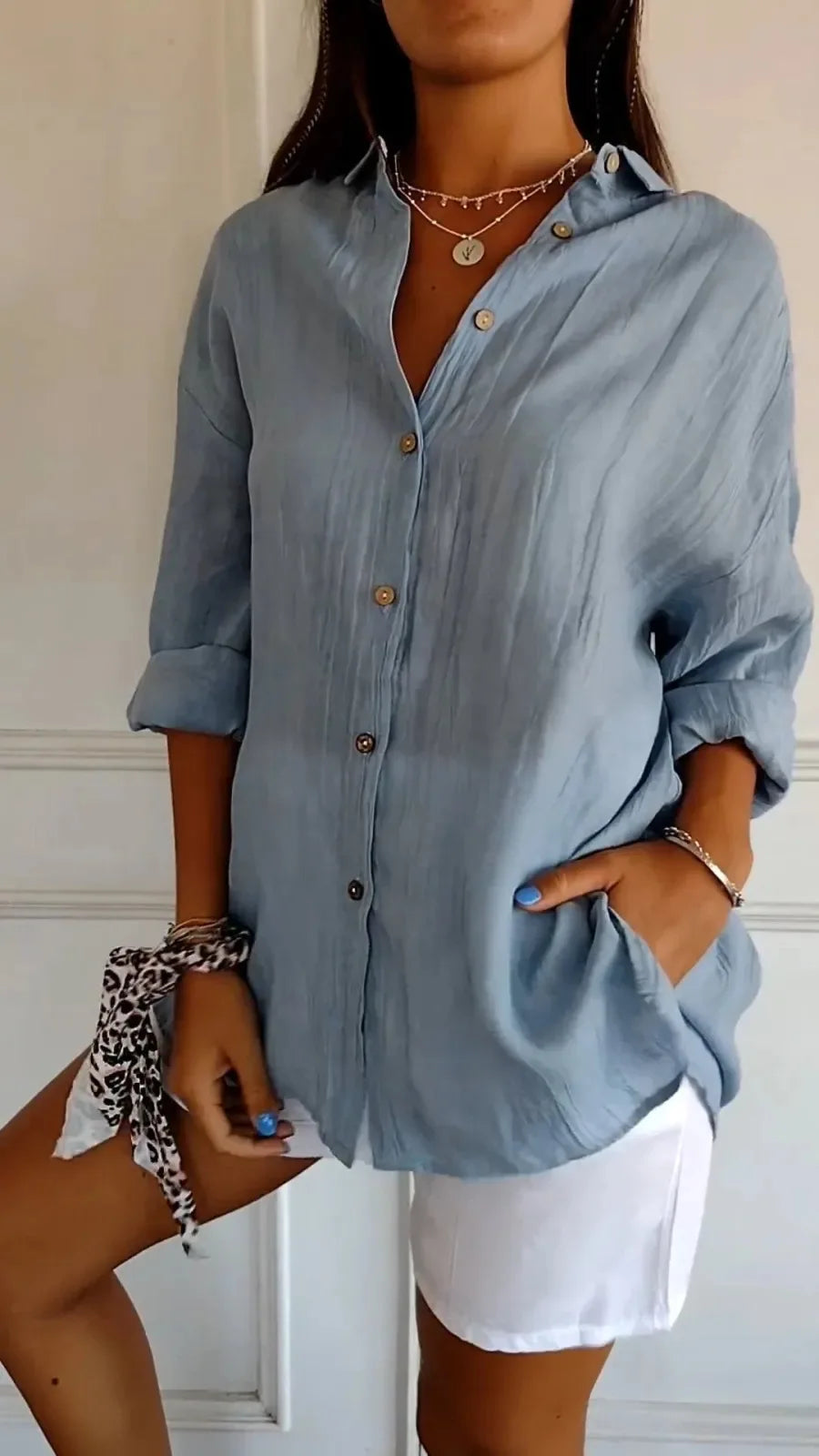 New Women's Shirt Casual Lapel Pleated Single-Breasted Button Solid Color Shirt Office Street Tops Blouses for Female