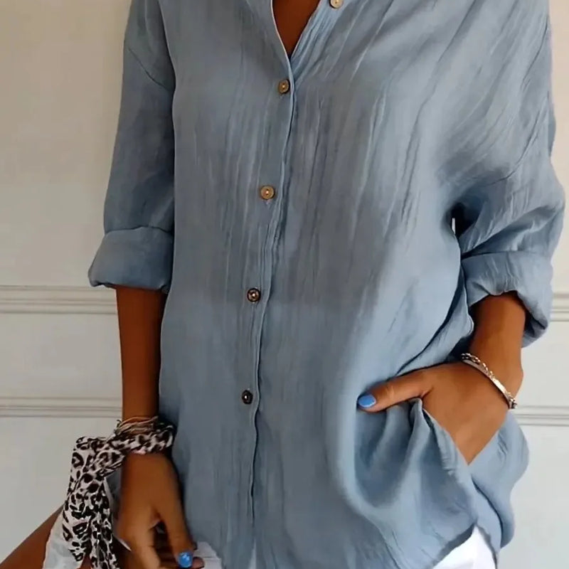 New Women's Shirt Casual Lapel Pleated Single-Breasted Button Solid Color Shirt Office Street Tops Blouses for Female