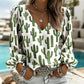 Women's V Neck Puff Sleeve Blouse Chic Blue Hydrangea Floral Print Lightweight Flowy Casual Top Breathable Vacation Office Shirt