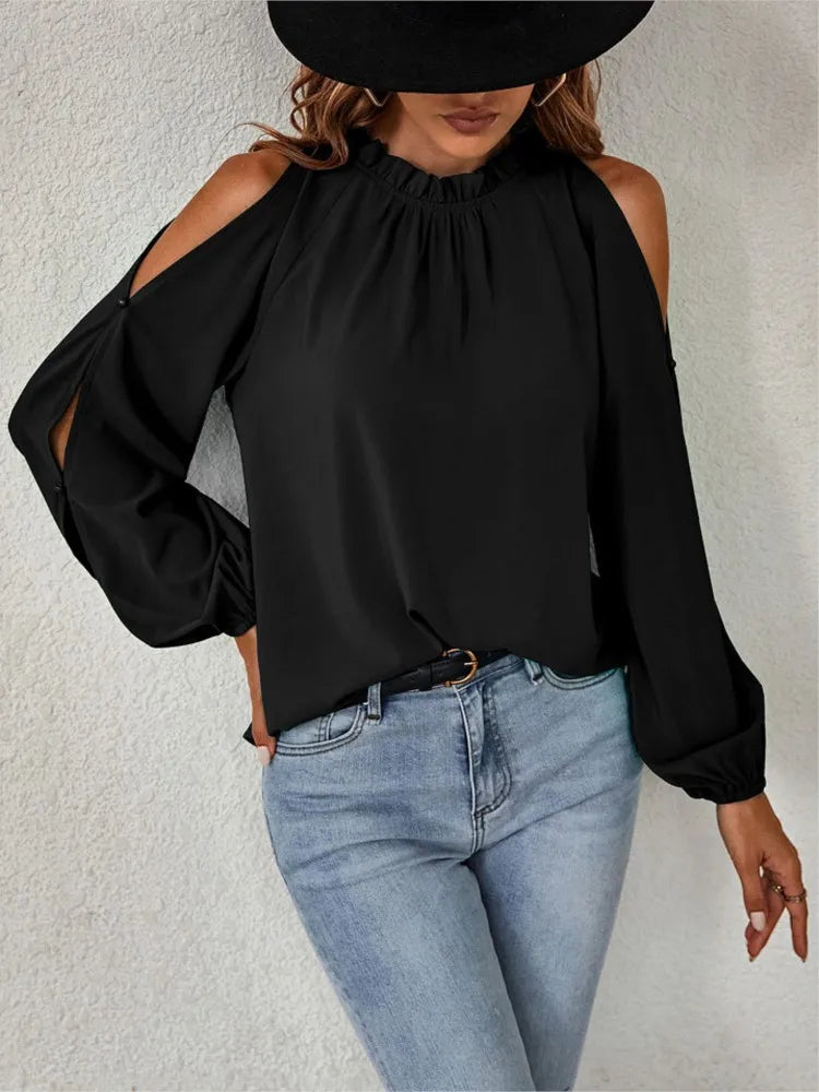 Sexy Off Shoulder Women's Blouse 2023 Spring Autumn Long Sleeve Casual Loose Shirt Black Green Tops Office Ladies Blouses
