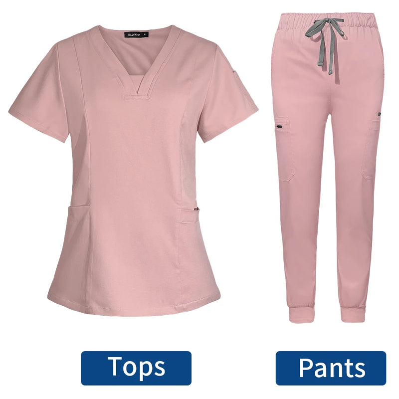 Short Sleeve Scrubs Surgical Nursing Uniforms Nurse Women V-neck Pocket Workwear Dentist Medical Uniforms Men Clinic Scrub Suit