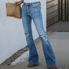 Womens Ripped Jeans Mid Waisted Four-Buttoned Slim Flared Pants Y2k Fashion 2025 Daily Versatile Light Blue Denim Bootcut Pants