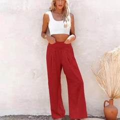 Women's casual pants with drawstring, mid waist, beach wide leg, spring and summer, European and American pants