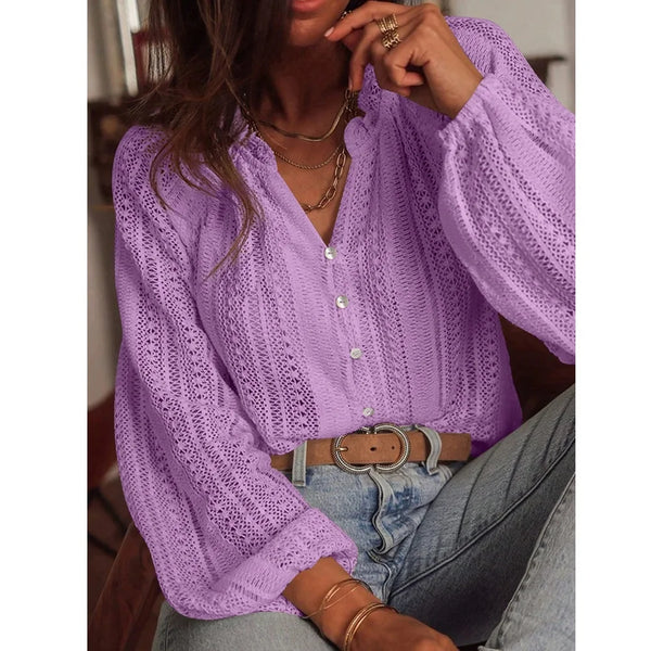 Women Autumn Blouses and Shirts Lace Hollow Out Long Sleeve V-neck Single Breasted Shirt Tops Blusas de mujer