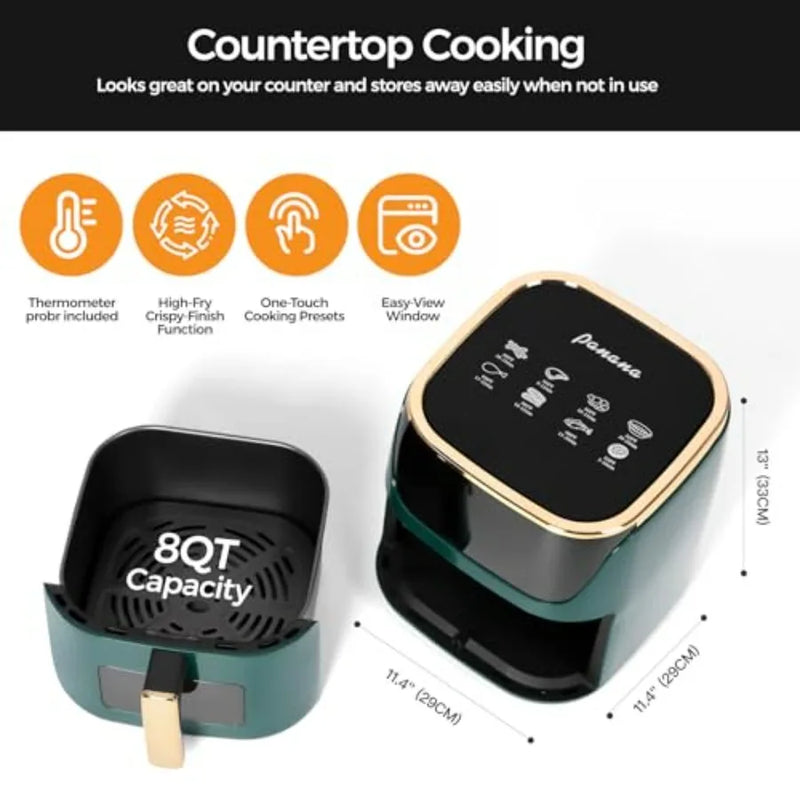 8QT Large Air Fryer with 8 Preset Menus One-Touch Digital Control Touchscreen Display Nonstick Green Finish Dishwasher Safe Com