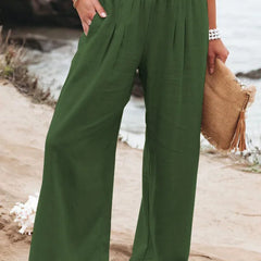 Women's casual pants with drawstring, mid waist, beach wide leg, spring and summer, European and American pants
