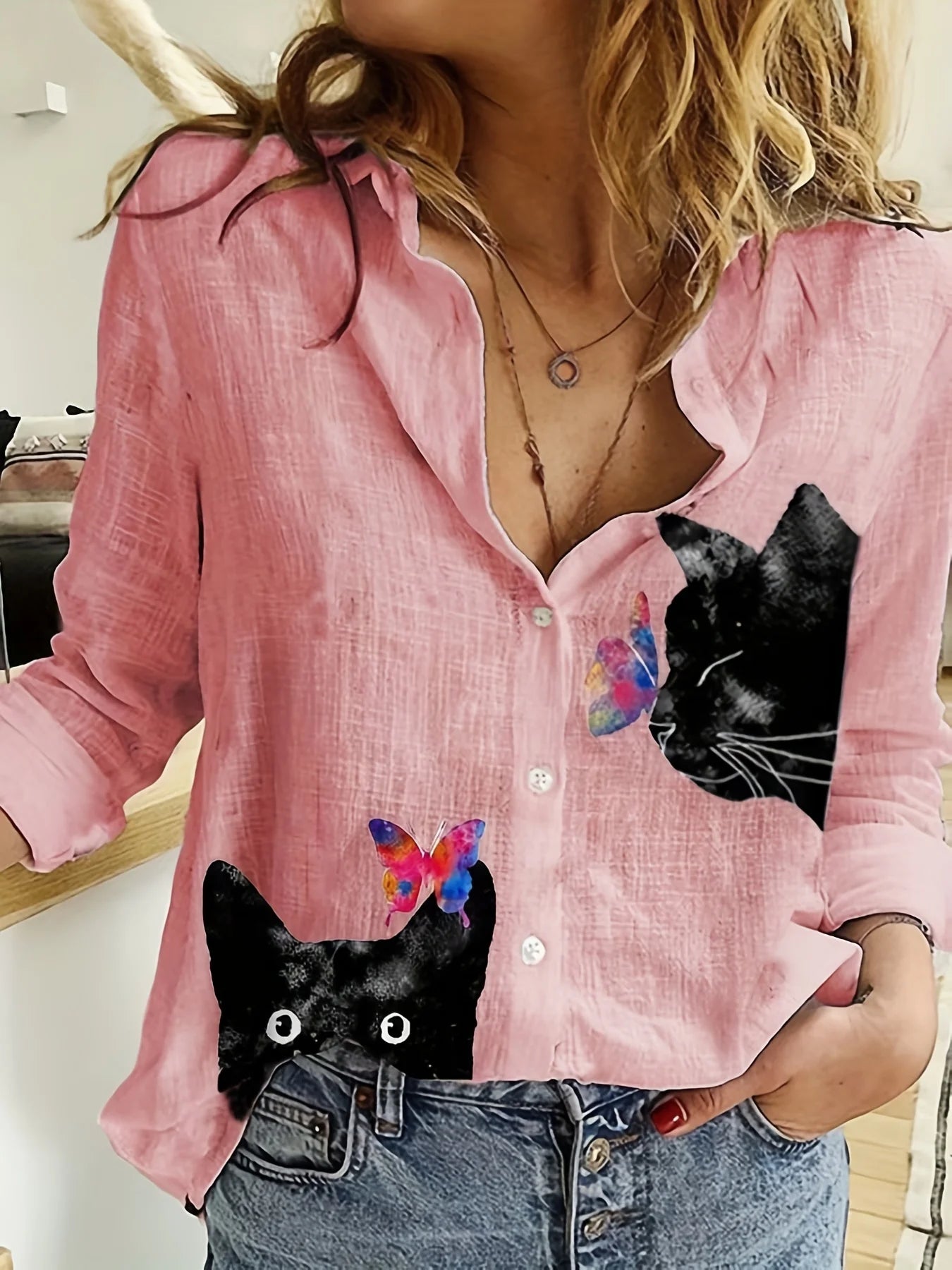 Women's Shirt Fashion Clashing Color Patchwork Shirt Top Temperament Sense Long Sleeve Cat Shirt 2023 Autumn Brand Design Shirt