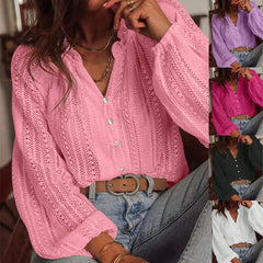 Women Autumn Blouses and Shirts Lace Hollow Out Long Sleeve V-neck Single Breasted Shirt Tops Blusas de mujer