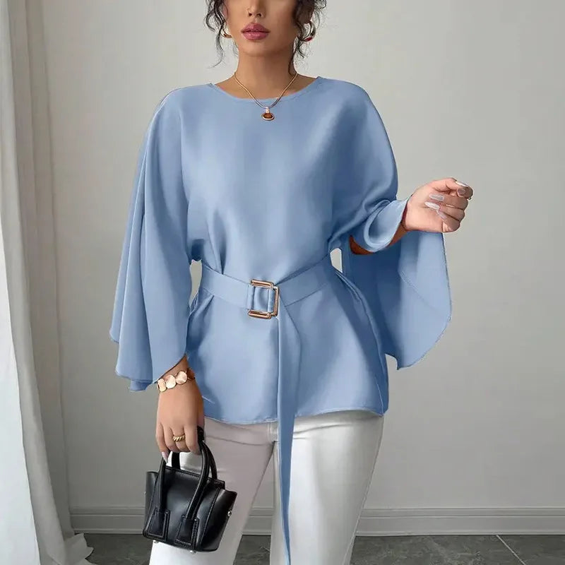 Elegant Loose Blouset With Belt Women 2025 Summer Fashion Half Sleeve Solid Color New Shirts And Blouses Casual Lady Tops