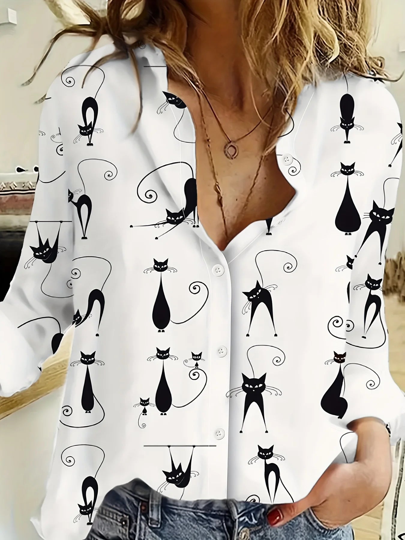 Women's Shirt Fashion Clashing Color Patchwork Shirt Top Temperament Sense Long Sleeve Cat Shirt 2023 Autumn Brand Design Shirt