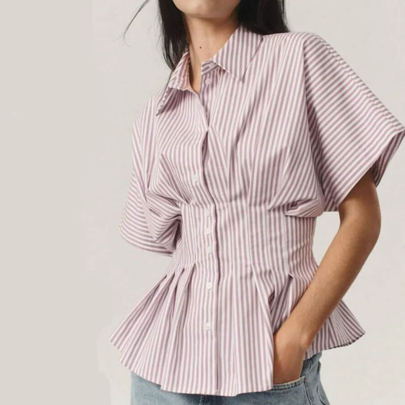 Women's Striped Peplum Blouse Summer Lapel Button Half Sleeve Slim Waist Shirt Pleated Flared Hem Stylish Casual Office Lady Top