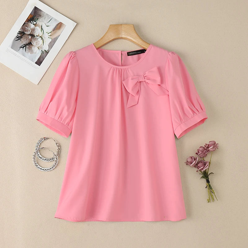 2026 Summer Blouse ZANZEA Women Elegant Office Work Shirts O Neck Short Sleeve Tops Casual Solid Shirt Bow Blusas Mujer Oversize