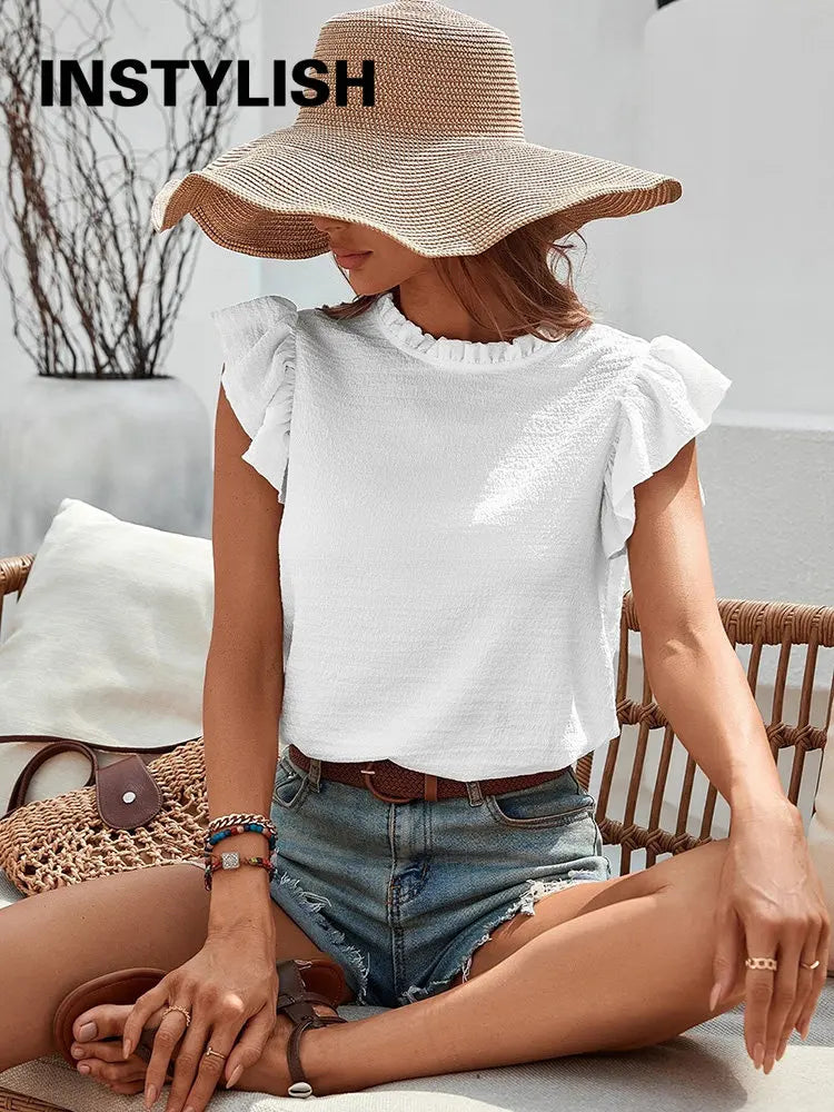 Elegant Ruffles Sleeveless O Neck Loose Blouse Women Summer Casual Solid Shirt Office Lady Chic Simple Luxury Tops Streetwear
