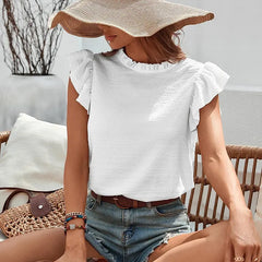 Elegant Ruffles Sleeveless O Neck Loose Blouse Women Summer Casual Solid Shirt Office Lady Chic Simple Luxury Tops Streetwear