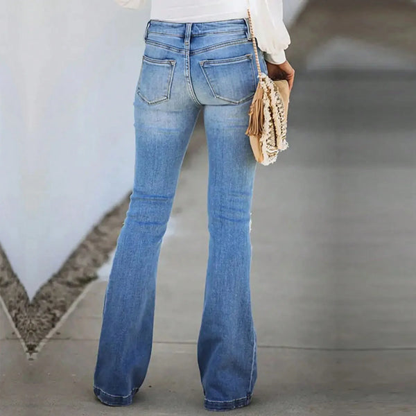 Womens Ripped Jeans Mid Waisted Four-Buttoned Slim Flared Pants Y2k Fashion 2025 Daily Versatile Light Blue Denim Bootcut Pants