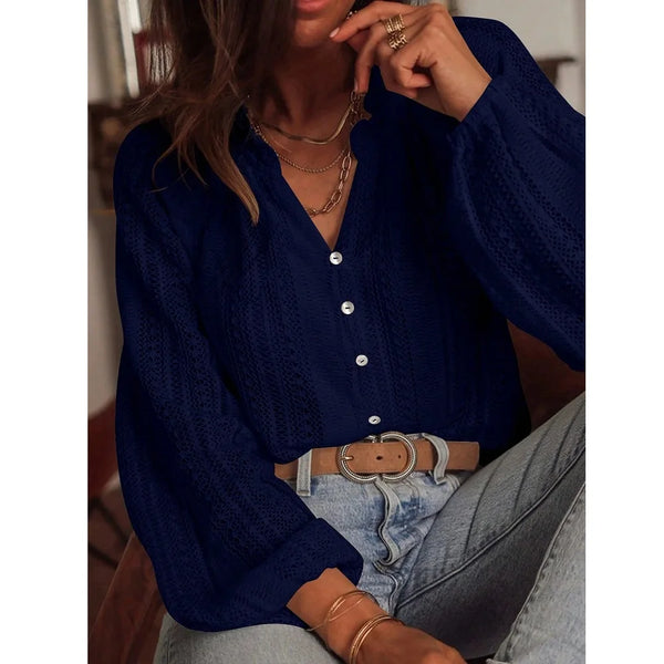 Women Autumn Blouses and Shirts Lace Hollow Out Long Sleeve V-neck Single Breasted Shirt Tops Blusas de mujer