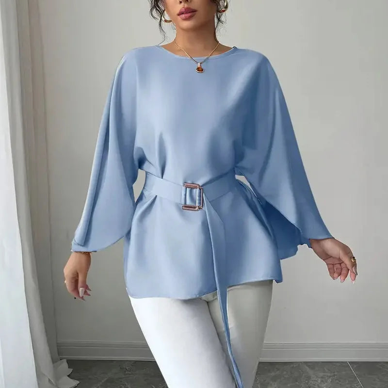 Elegant Loose Blouset With Belt Women 2025 Summer Fashion Half Sleeve Solid Color New Shirts And Blouses Casual Lady Tops