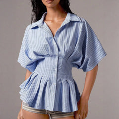 Women's Striped Peplum Blouse Summer Lapel Button Half Sleeve Slim Waist Shirt Pleated Flared Hem Stylish Casual Office Lady Top