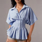 Women's Striped Peplum Blouse Summer Lapel Button Half Sleeve Slim Waist Shirt Pleated Flared Hem Stylish Casual Office Lady Top