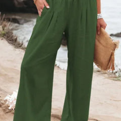 Women's casual pants with drawstring, mid waist, beach wide leg, spring and summer, European and American pants