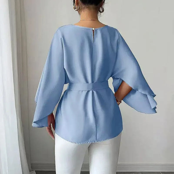 Elegant Loose Blouset With Belt Women 2025 Summer Fashion Half Sleeve Solid Color New Shirts And Blouses Casual Lady Tops