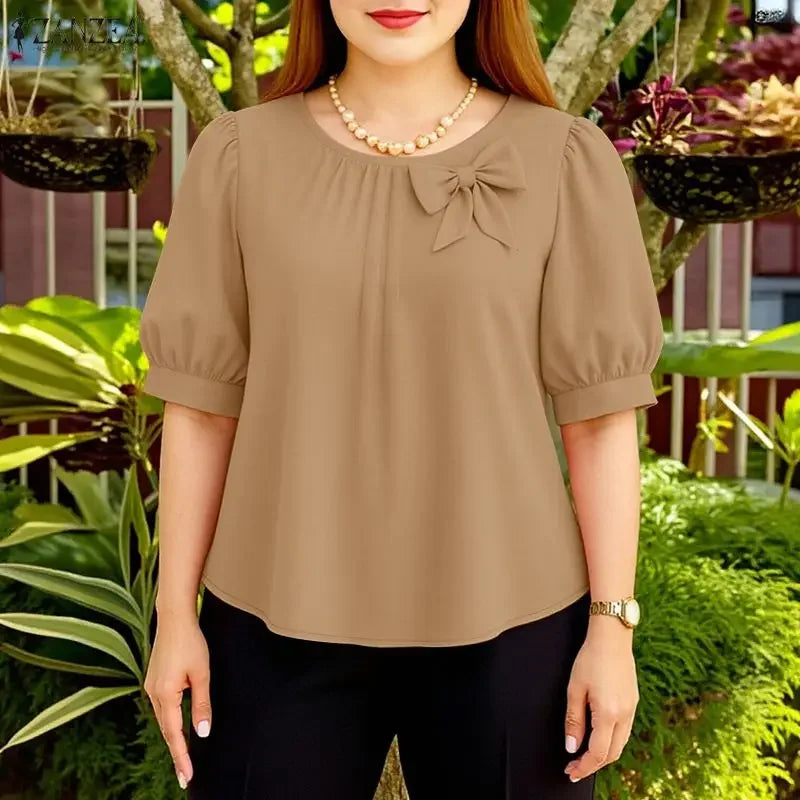 2026 Summer Blouse ZANZEA Women Elegant Office Work Shirts O Neck Short Sleeve Tops Casual Solid Shirt Bow Blusas Mujer Oversize