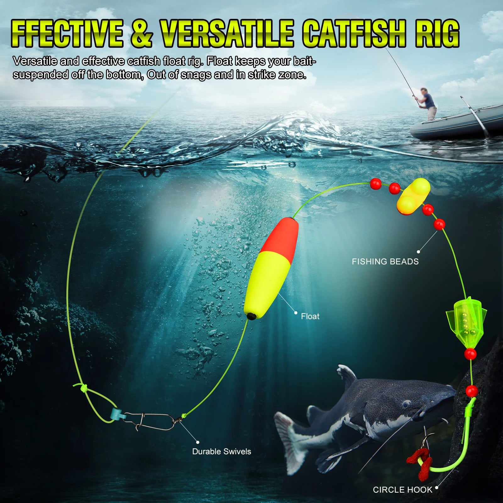 PROBEROS 5pcs Catfish Float Rigs with Rattler 6/0-10/0 Hooks Noise-Attracting Catfishing Equipment for Freshwater Lake Fishing
