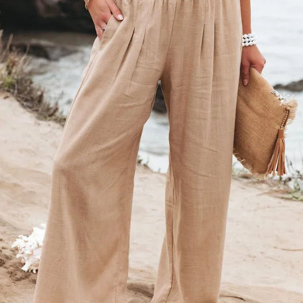 Women's casual pants with drawstring, mid waist, beach wide leg, spring and summer, European and American pants