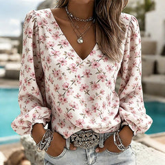 Women's V Neck Puff Sleeve Blouse Chic Blue Hydrangea Floral Print Lightweight Flowy Casual Top Breathable Vacation Office Shirt