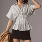 Women's Striped Peplum Blouse Summer Lapel Button Half Sleeve Slim Waist Shirt Pleated Flared Hem Stylish Casual Office Lady Top
