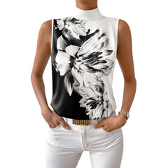 New In Elegant Blouses For Women 2025 Fashion Sleeveless Shirts Casual Flower Print Turtleneck Blouse Tops Camisas