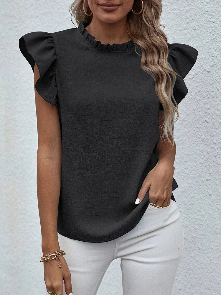 Elegant Ruffles Sleeveless O Neck Loose Blouse Women Summer Casual Solid Shirt Office Lady Chic Simple Luxury Tops Streetwear