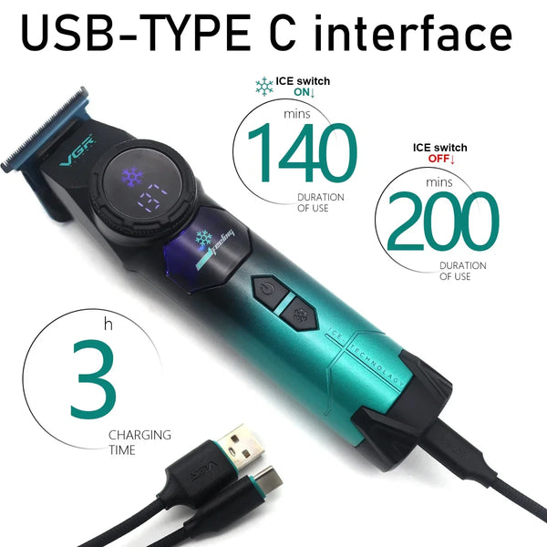 VGR V-946 Professional Ice Tech Hair Trimmer DLC Blade 0 Gap 8000RPM Brushless Blue Ceramic For Men Beard Trimming Grooming