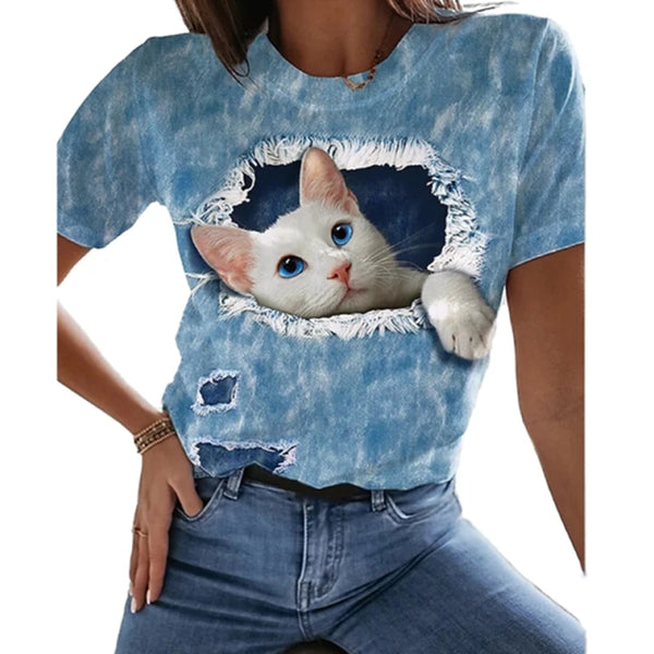 Women's T Shirt Fashion Blouse Short Sleeve T Shirt For Women 3d Cat Print Black Kawaii T Shirt Women's Oversized Summer Top