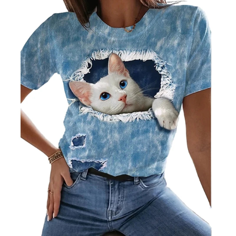 Women's T Shirt Fashion Blouse Short Sleeve T Shirt For Women 3d Cat Print Black Kawaii T Shirt Women's Oversized Summer Top