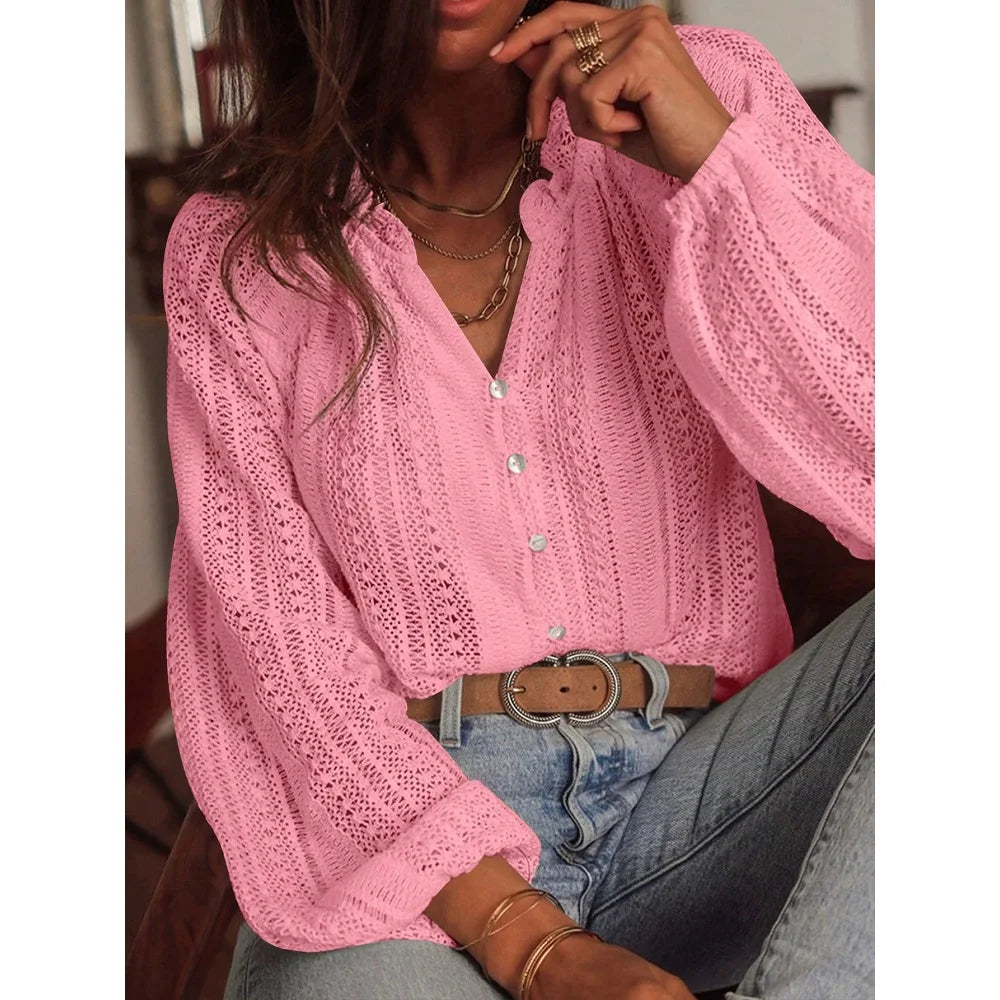 Women Autumn Blouses and Shirts Lace Hollow Out Long Sleeve V-neck Single Breasted Shirt Tops Blusas de mujer