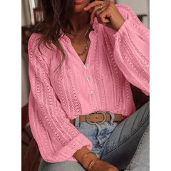 Women Autumn Blouses and Shirts Lace Hollow Out Long Sleeve V-neck Single Breasted Shirt Tops Blusas de mujer