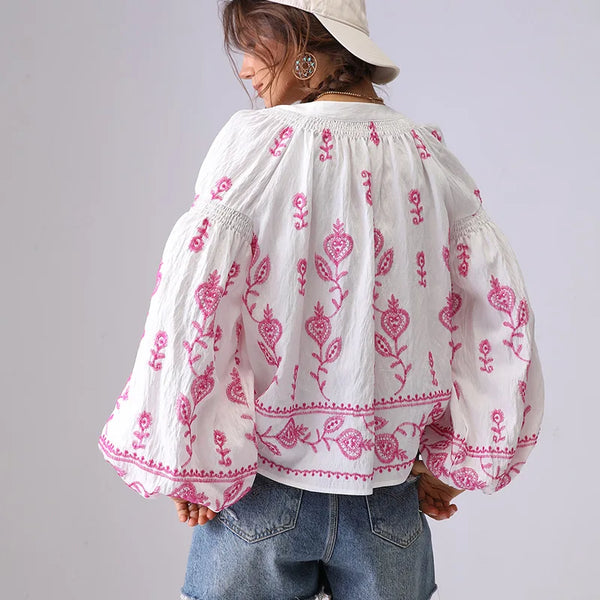 Bohemian Floral Embroidery Women Shirt Blouse Spring Summer Pink Green Long Lantern Sleeve Loose Vocation Style Ladies Tops New