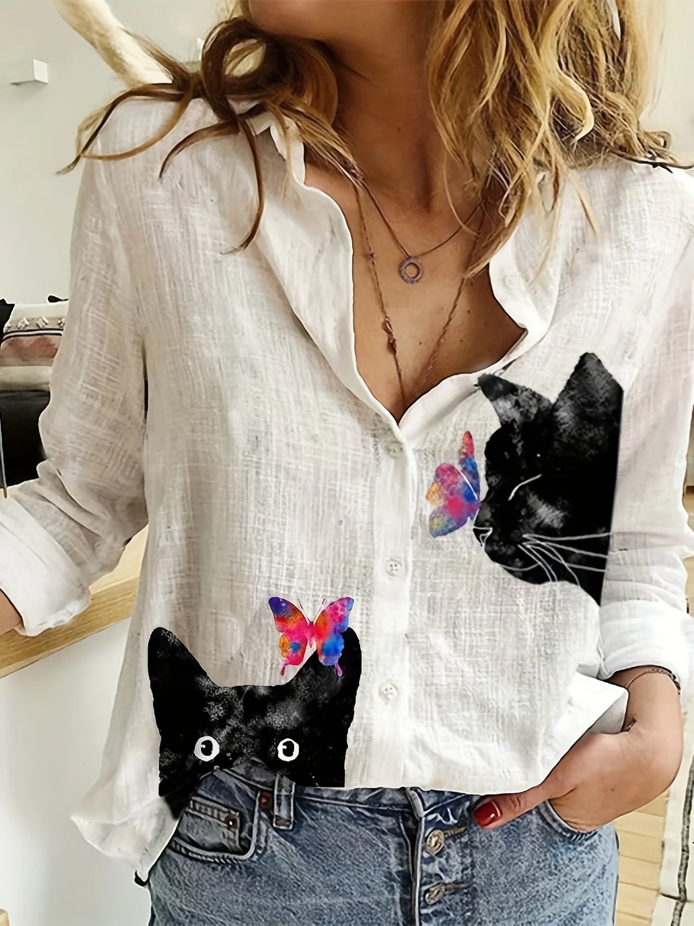 Women's Shirt Fashion Clashing Color Patchwork Shirt Top Temperament Sense Long Sleeve Cat Shirt 2023 Autumn Brand Design Shirt