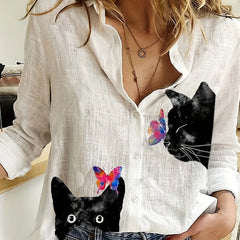 Women's Shirt Fashion Clashing Color Patchwork Shirt Top Temperament Sense Long Sleeve Cat Shirt 2023 Autumn Brand Design Shirt
