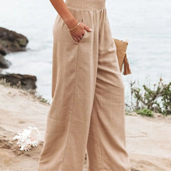 Women's casual pants with drawstring, mid waist, beach wide leg, spring and summer, European and American pants