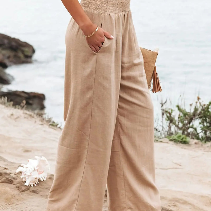 Women's casual pants with drawstring, mid waist, beach wide leg, spring and summer, European and American pants