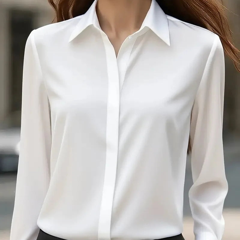 2025 New Women's Long-sleeved Shirt 10 Color Lapel Satin Button Cardigan Office Commuting Elegant Simple Top Basic Blouses