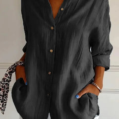 New Women's Shirt Casual Lapel Pleated Single-Breasted Button Solid Color Shirt Office Street Tops Blouses for Female